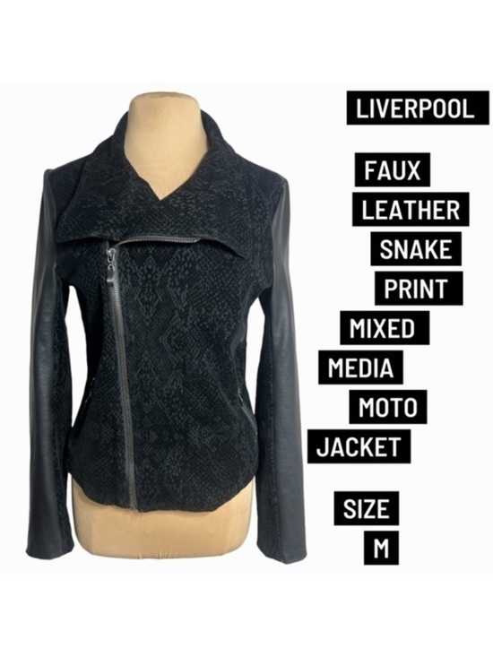 Liverpool Jackets & Blazers - Liverpool black faux leather snake print embossed mixed media moto jacket